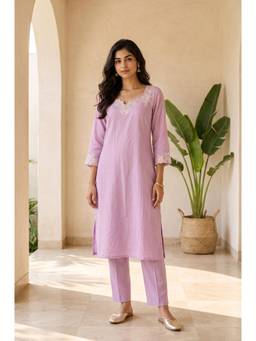 W - Lavender Embroidered Straight Kurta