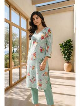 W - Sea Green Floral Printed Straight Kurta