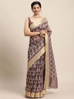 Odette - Womens Cotton Blend Grey Digital Print Designer Saree with Unstitched Blouse