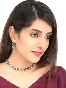 Yellow Chimes - White Black -toned American Diamond Studded Oval Shaped Jewellery Set