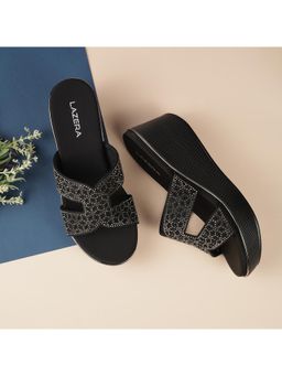 LAZERA SHOES - Women Black Crystal Wedges Heels