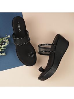 LAZERA SHOES - Women Black Crystal-Studded Wedges Heels