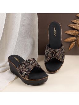 LAZERA SHOES - Women Black Floral Brocade Wedges Heels