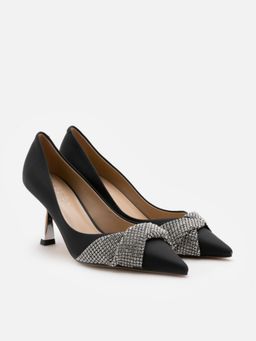 PAZZION - Women Black Crystal Twist Embellished Cross Strap Pump Heels