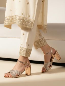 ELLE - Women Rose Gold Shimmering Block Sandals Heels