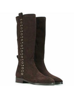 Saint G - Women Eyelets Brown Stretch Suede Long Casual Boots