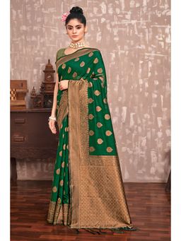EXCLUSIVA - Green Cotton Silk Saree with Unstitched