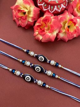 Digital Dress Room - Designer Navy Blue Evil Eye Rakhi Moti & Crystal Beads Thread Rakhi (Pack of 3)