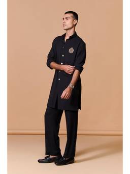 S&N by Shantnu Nikhil - Black Crest Shirt Kurta with Crest