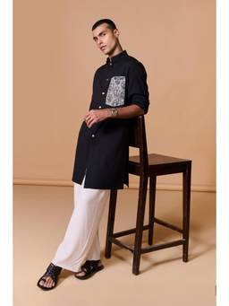 S&N by Shantnu Nikhil - Black Printed Pocket Shirt Kurta