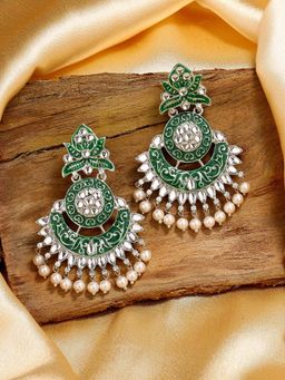 Estele - Rhodium Plated Stunning Traditional Green Meenakari Drop Earrings for Women