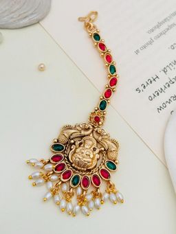 Abdesigns - Gold-Plated Kemp Stones Studded and Beaded Temple Maang Tikka