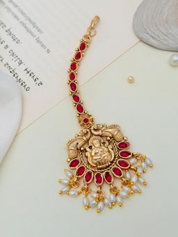 Abdesigns - Gold-Plated Kemp Stones Studded and Beaded Temple Maang Tikka