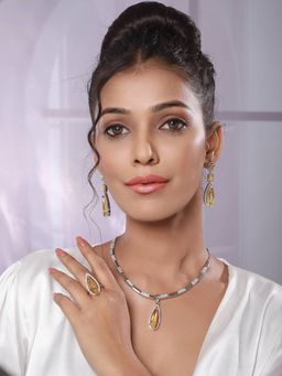 Aatmana - Silver Rhodium White Zircon and Yellow American Diamond Necklace Jewellery Set
