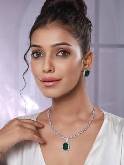 Aatmana - Silver-Plated Green American Diamond-Studded Necklace and Earrings