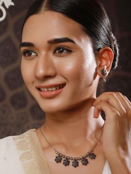 Aatmana - Silver-Plated Oxidised Stone Studded Floral Necklace and Earrings