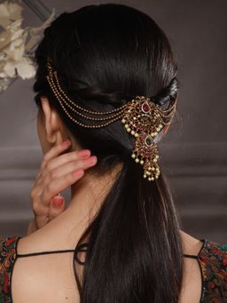 Saraf RS Jewellery - Gold Plated Floral Layered Chain Jadai Billai Hair Broochmathapati