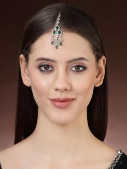 ZENEME - Silver Plated Green American Diamond Studded Crystal Maang Tikka for Women