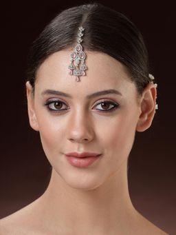 ZENEME - Silver Plated Pink American Diamond Studded Rhodium Plated Crystal Maang Tikka