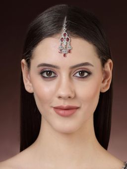 ZENEME - Silver Plated Red American Diamond Studded Rhodium Plated Crystal Maang Tikka