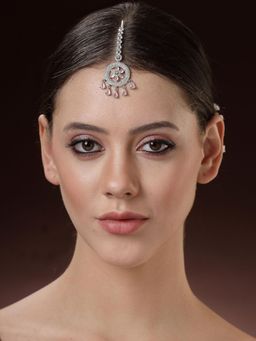 ZENEME - Elegant Silver Plated Beautiful American Diamond and Cz Crystal Maang Tikka