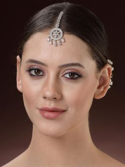 ZENEME - Elegant Silver Plated Beautiful American Diamond and Cz Crystal Maang Tikka