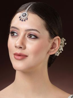 ZENEME - Elegant Silver Plated Beautiful American Diamond and Cz Crystal Maang Tikka