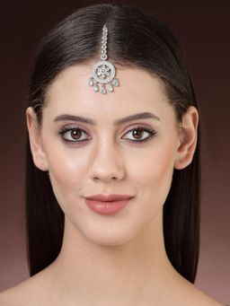 ZENEME - Elegant Silver Plated Beautiful American Diamond and Cz Crystal Maang Tikka