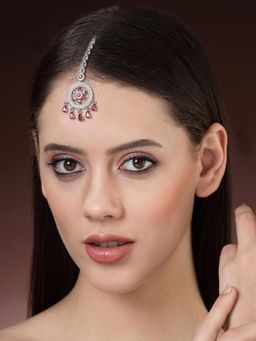 ZENEME - Elegant Silver Plated Beautiful American Diamond and Cz Crystal Maang Tikka