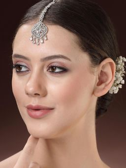 ZENEME - Rhodium Plated White American Diamond Floral Brass Maang Tikka