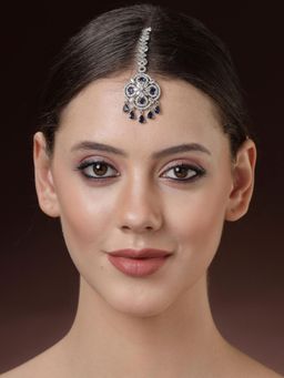 ZENEME - Rhodium Plated Blue American Diamond Floral Brass Maang Tikka