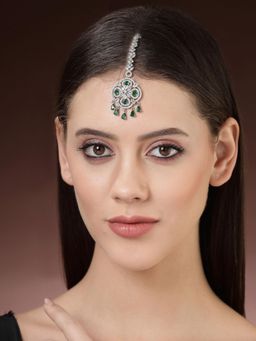 ZENEME - Rhodium Plated Green American Diamond Floral Brass Maang Tikka