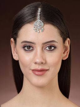 ZENEME - Rhodium Plated Aqua Green American Diamond Floral Brass Maang Tikka