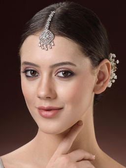 ZENEME - Rhodium Plated Pink American Diamond Floral Brass Maang Tikka