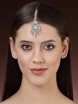 ZENEME - Rhodium Plated Aqua Green Floral Design Silver Maang Tikka