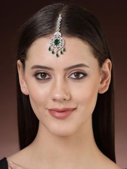 ZENEME - Rhodium Plated Green Floral Design Silver Maang Tikka