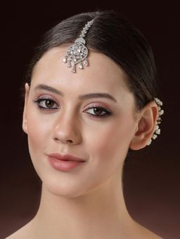 ZENEME - Rhodium Plated White Floral Design Silver Maang Tikka