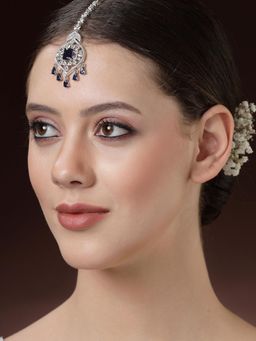 ZENEME - Rhodium Plated Blue Floral Design Silver Maang Tikka