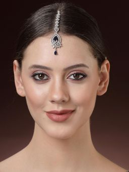 ZENEME - Rhodium Plated Designer Blue Tear Drop Crytal Studded Silver Toned Maang Tikka
