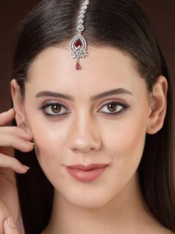 ZENEME - Rhodium Plated Designer Red Tear Drop Crytal Studded Silver Toned Maang Tikka
