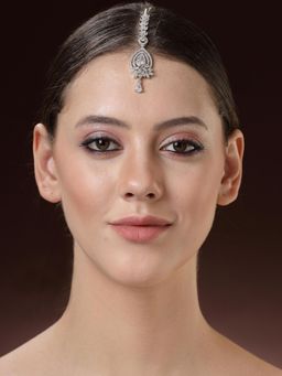 ZENEME - Rhodium Plated Designer White Tear Drop Crytal Studded Silver Toned Maang Tikka