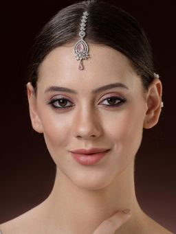 ZENEME - Rhodium Plated Designer Pink Tear Drop Crytal Studded Silver Toned Maang Tikka