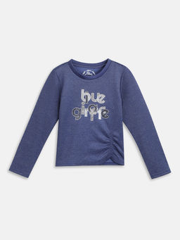 Blue Giraffe - Girls Blue Printed Round Neck Full Sleeves T-Shirt