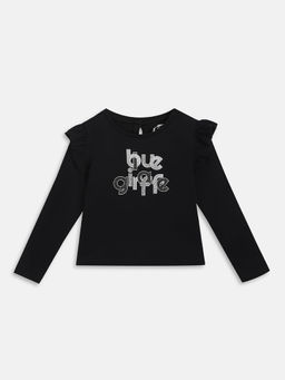 Blue Giraffe - Girls Black Printed Round Neck Full Sleeves T-Shirt