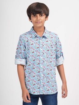 ZION - Boys Cotton Roll Up Sleeve Blue Printed Shirt