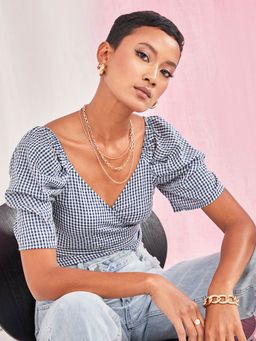 Styli - Blue Gingham Print V Neck Puff Short Sleeves Wrap Blouse