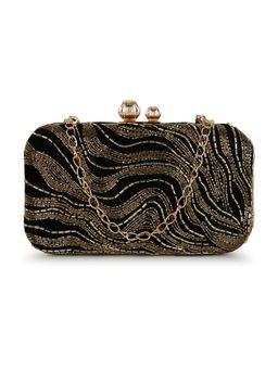 Anekaant - Adorn Black and Gold Abstract Embellished Velvet Clutch