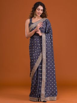 Koskii - Dark Grey Sequins Semi Crepe Saree with Unstitched Blouse