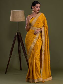 Koskii - Mustard Sequins Semi Crepe Saree with Unstitched Blouse