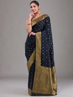 Koskii - Navy Blue Swarovski Silk Satin Saree with Unstitched Blouse